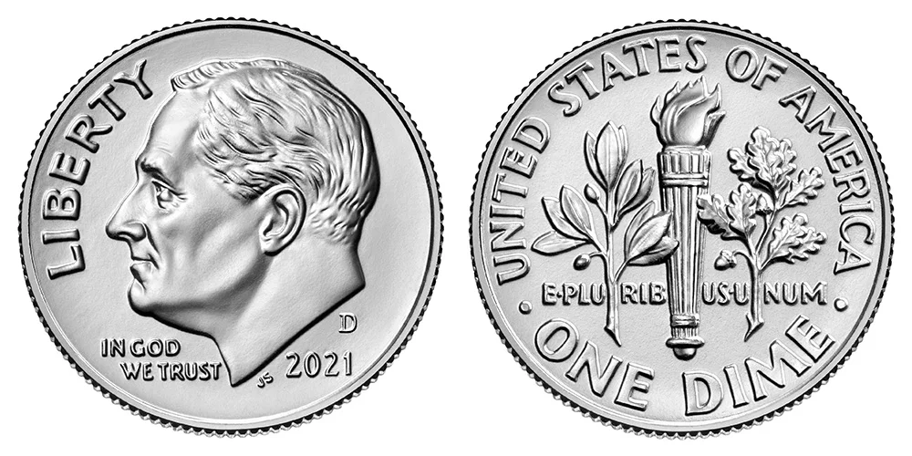 2021 Roosevelt dime obverse and reverse showing mint mark and torch Full Bands area