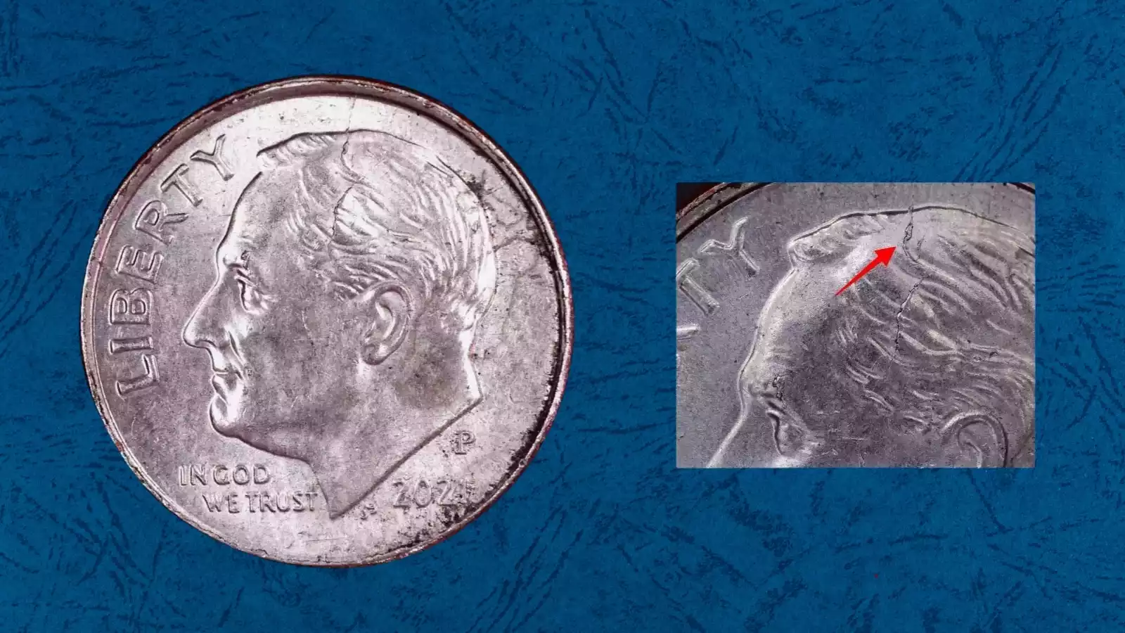 2021-P dime Spike Head die crack error showing raised line extending from Roosevelt's head