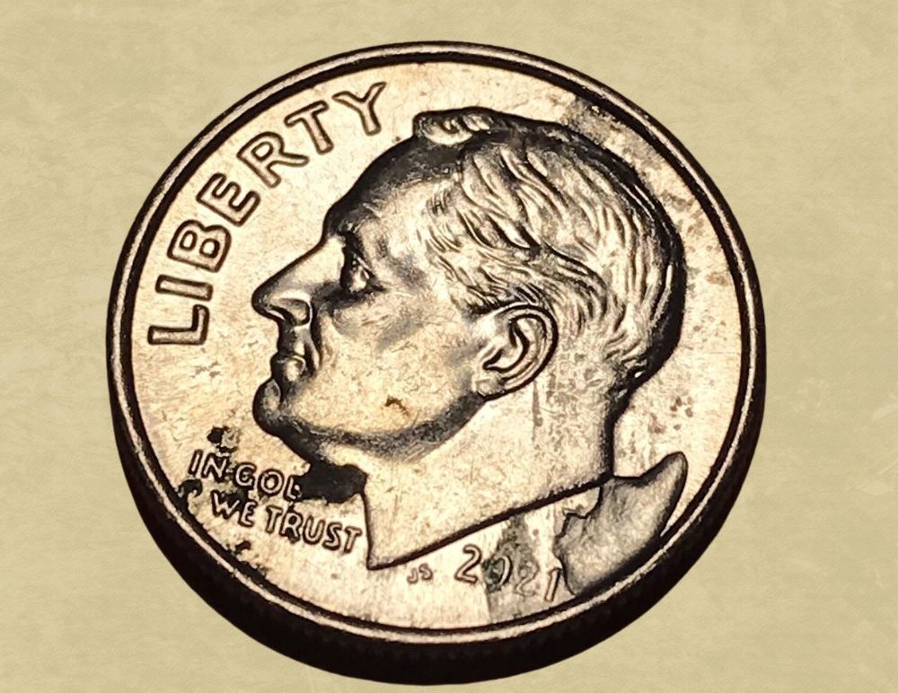 2021-P Roosevelt dime strike-through error showing wire impression above Roosevelt's jawline