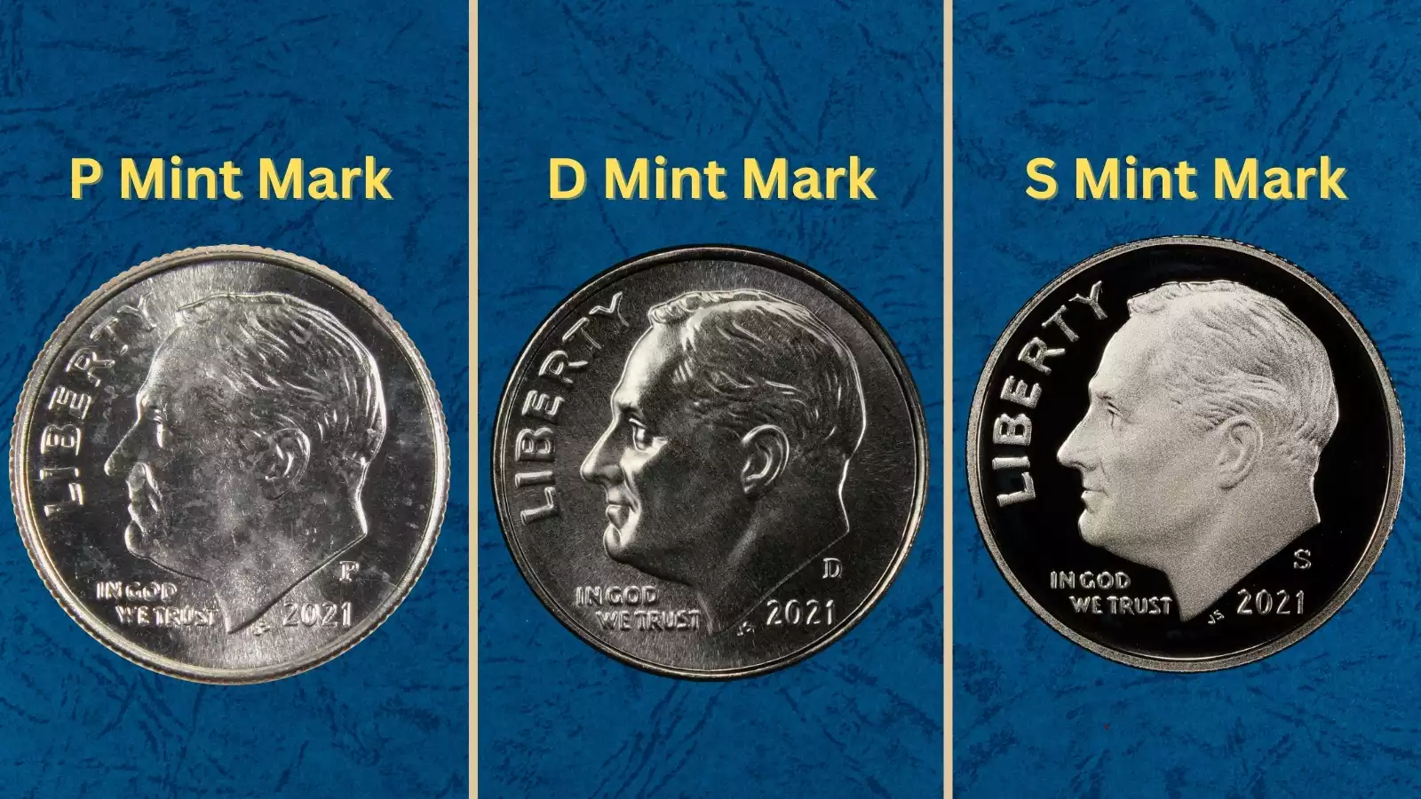 Group of 2021 Roosevelt dimes from Philadelphia and Denver showing mint marks