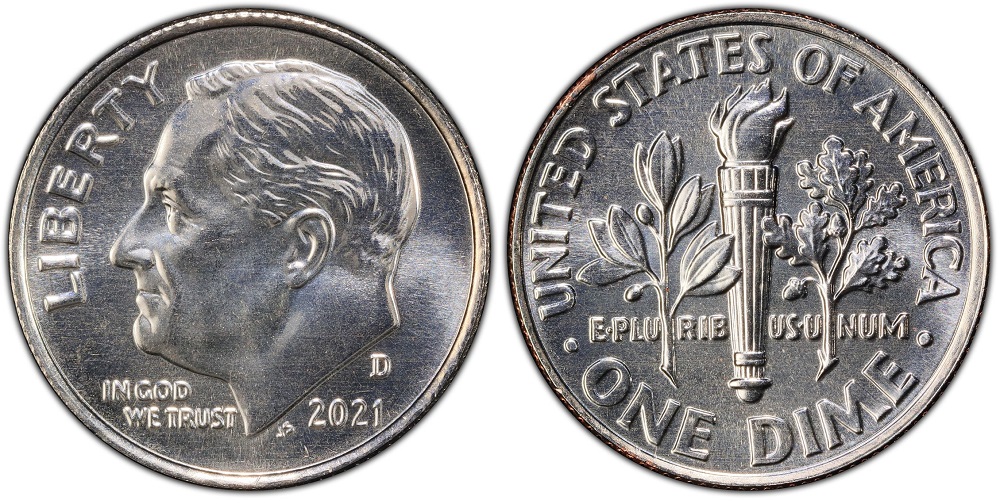 2021 Roosevelt dime grading strip showing four condition tiers from worn to gem uncirculated